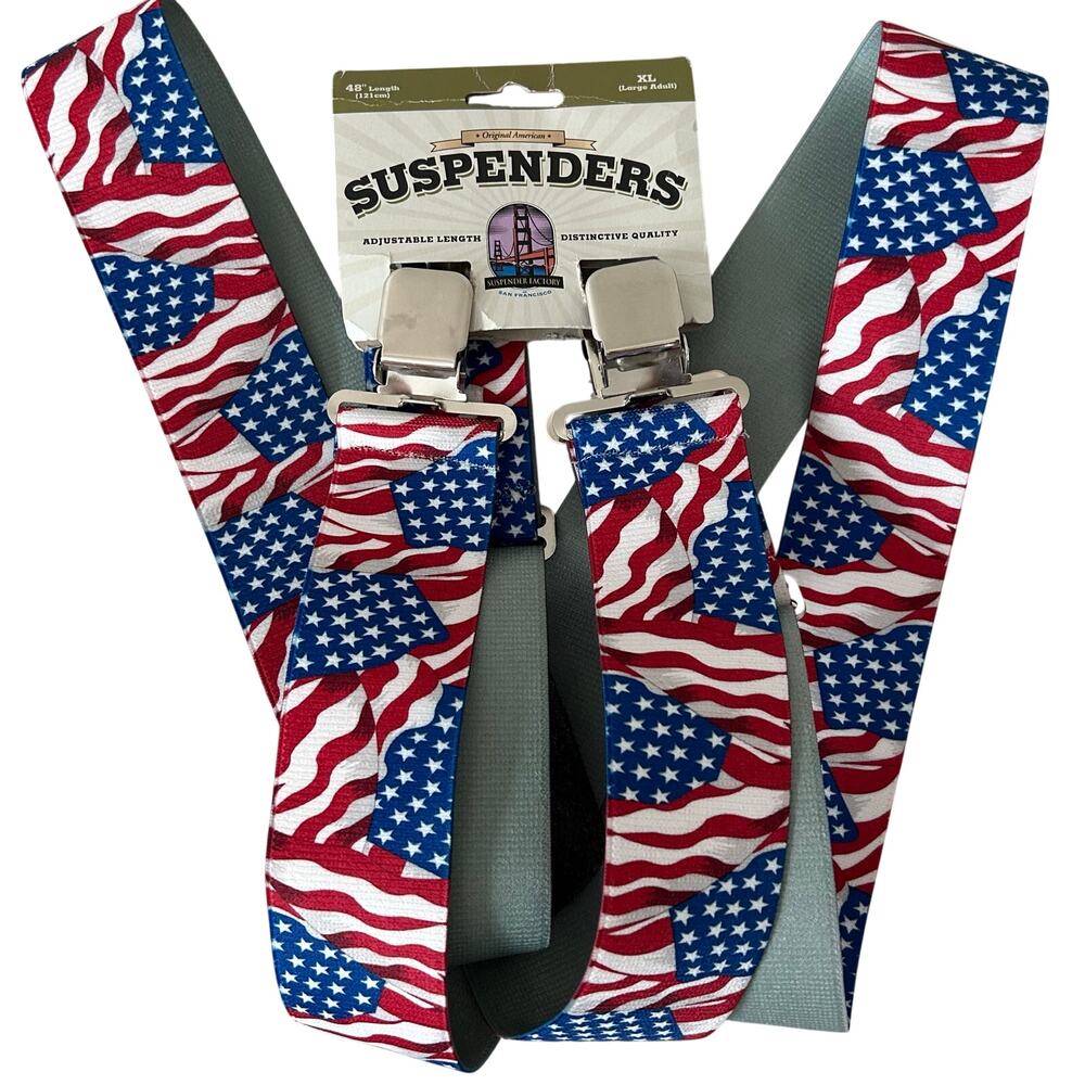 New Elastic Hook End American Flag Suspenders USA red white blue patriotic XL